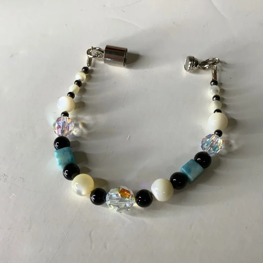 Blue Angelite Cubes Black, White Beads & Crystal Jewelry Set